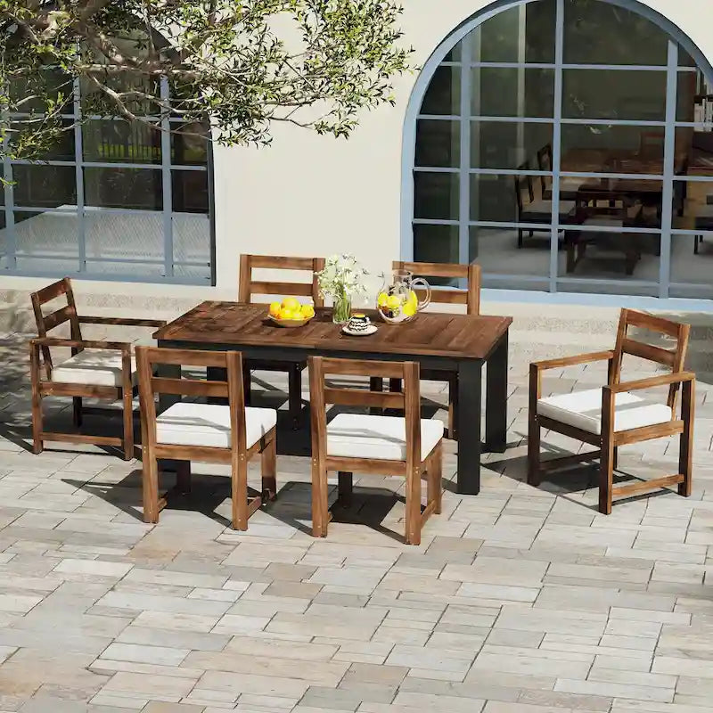 Ensemble de table et chaises de patio 7 pièces, ensemble de salle à manger en bois pour 6 personnes avec trou pour parasol, 2 fauteuils et 4 chaises.