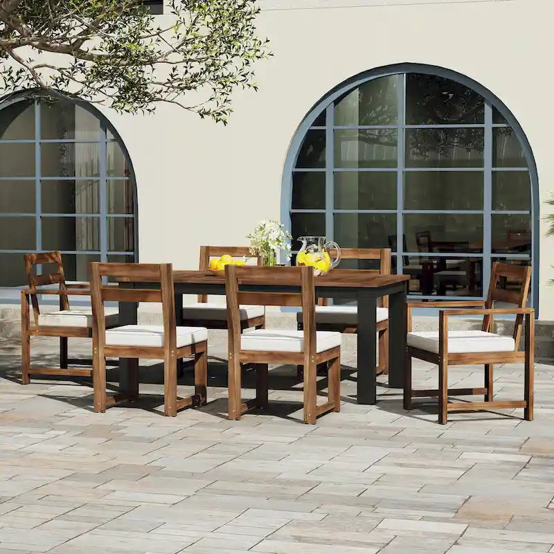 Ensemble de table et chaises de patio 7 pièces, ensemble de salle à manger en bois pour 6 personnes avec trou pour parasol, 2 fauteuils et 4 chaises.