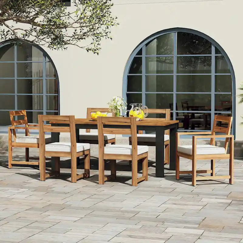 Ensemble de table et chaises de patio 7 pièces, ensemble de salle à manger en bois pour 6 personnes avec trou pour parasol, 2 fauteuils et 4 chaises.