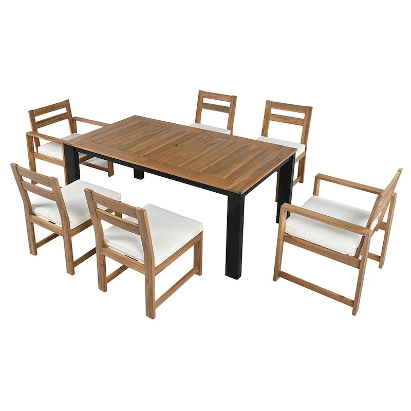 Ensemble de table et chaises de patio 7 pièces, ensemble de salle à manger en bois pour 6 personnes avec trou pour parasol, 2 fauteuils et 4 chaises.