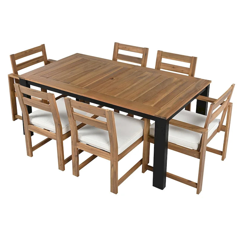 Ensemble de table et chaises de patio 7 pièces, ensemble de salle à manger en bois pour 6 personnes avec trou pour parasol, 2 fauteuils et 4 chaises.