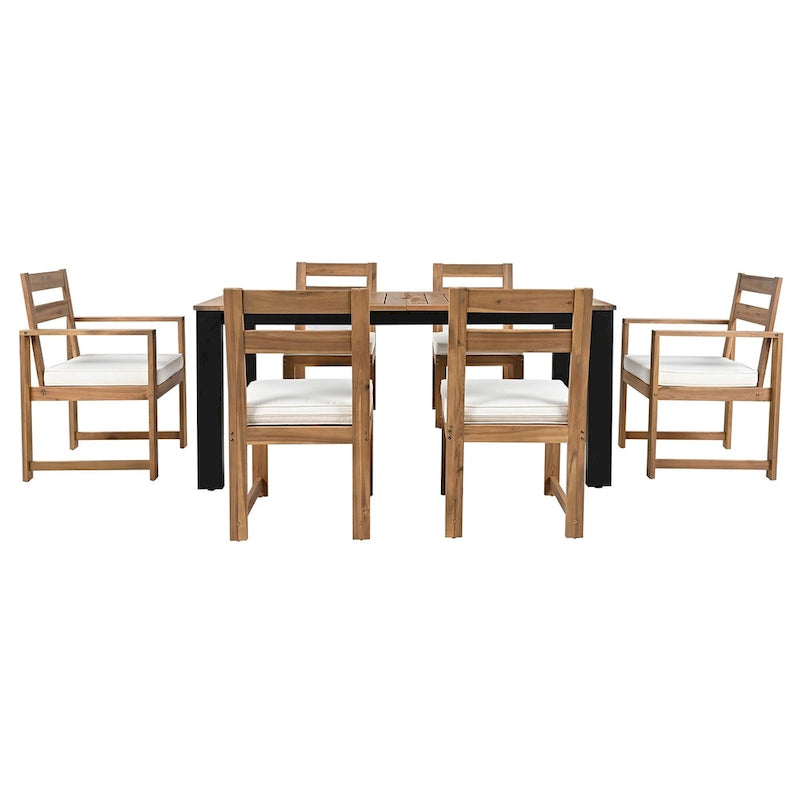 Ensemble de table et chaises de patio 7 pièces, ensemble de salle à manger en bois pour 6 personnes avec trou pour parasol, 2 fauteuils et 4 chaises.