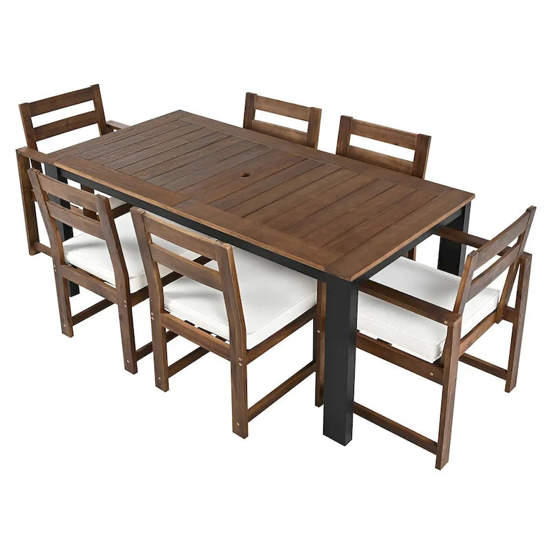 Ensemble de table et chaises de patio 7 pièces, ensemble de salle à manger en bois pour 6 personnes avec trou pour parasol, 2 fauteuils et 4 chaises.
