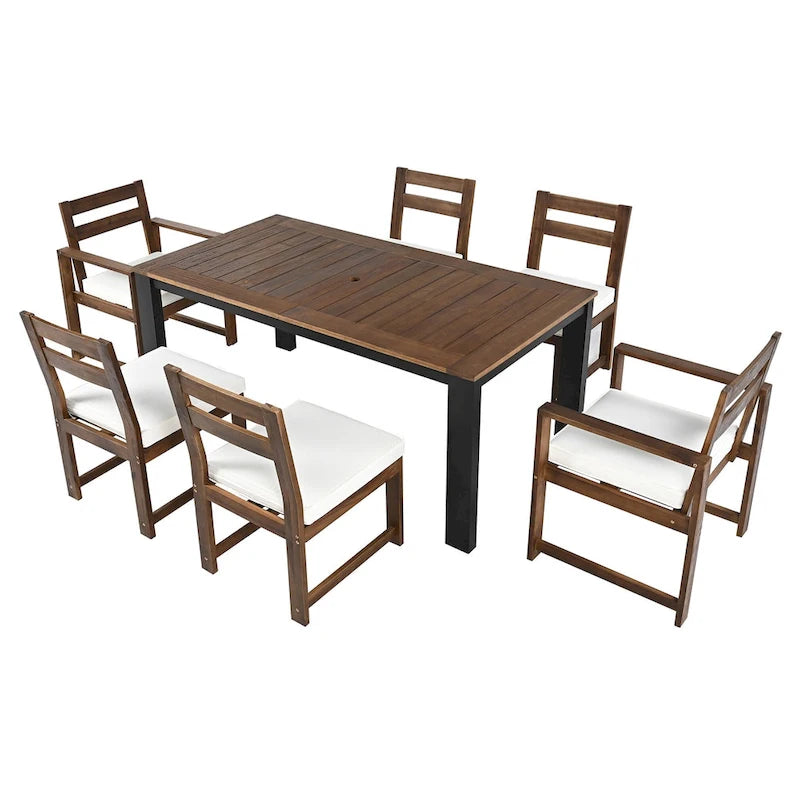 Ensemble de table et chaises de patio 7 pièces, ensemble de salle à manger en bois pour 6 personnes avec trou pour parasol, 2 fauteuils et 4 chaises.