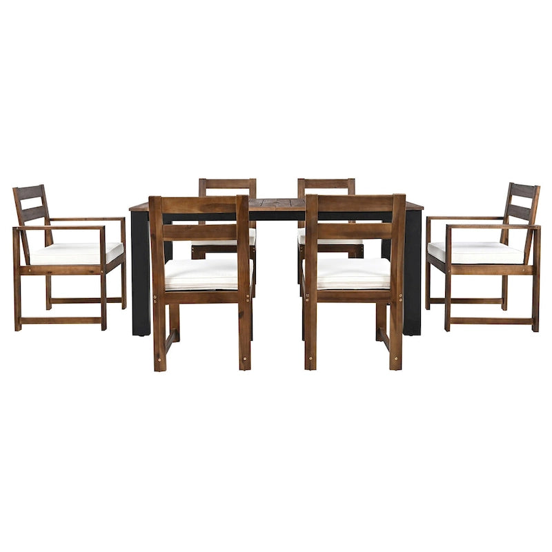 Ensemble de table et chaises de patio 7 pièces, ensemble de salle à manger en bois pour 6 personnes avec trou pour parasol, 2 fauteuils et 4 chaises.