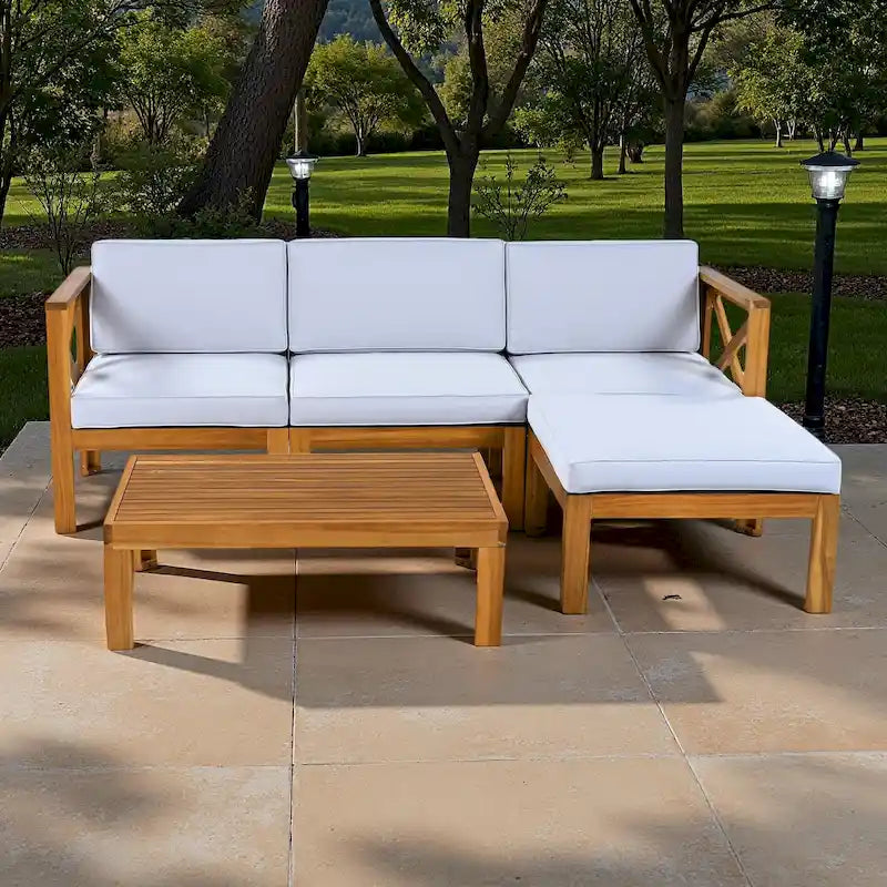 Canapé d'angle d'extérieur 5 pièces en bois massif avec table basse et coussins