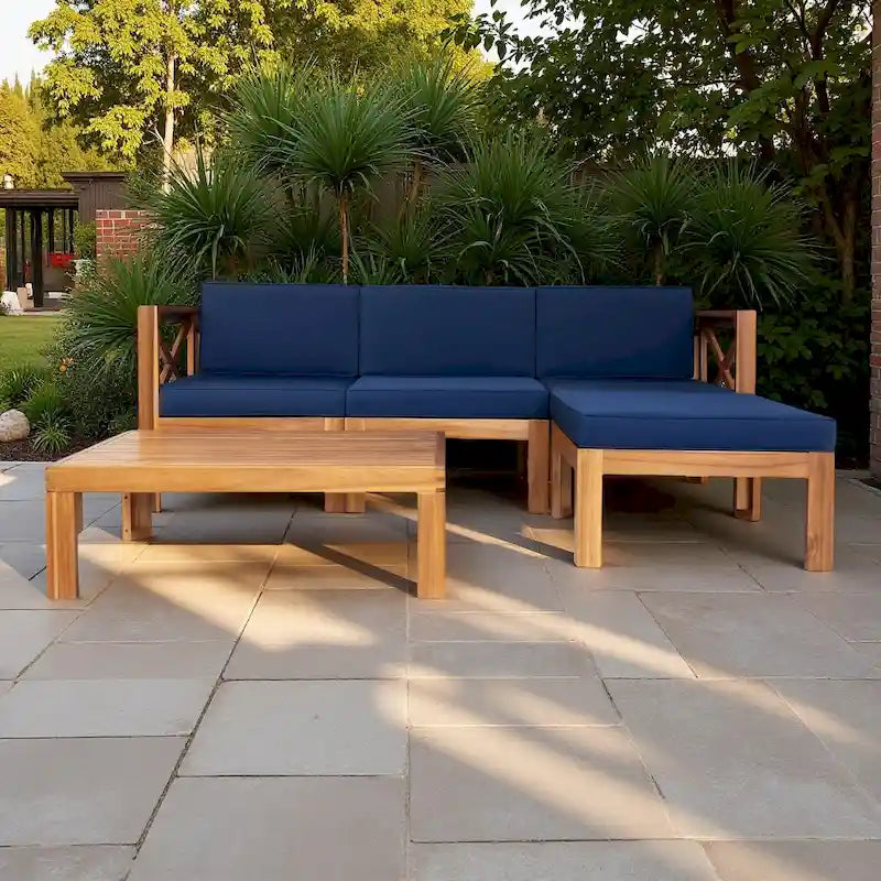 Canapé d'angle d'extérieur 5 pièces en bois massif avec table basse et coussins
