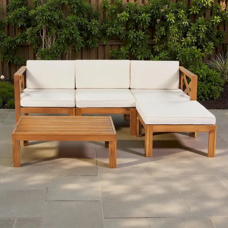 Canapé d'angle d'extérieur 5 pièces en bois massif avec table basse et coussins