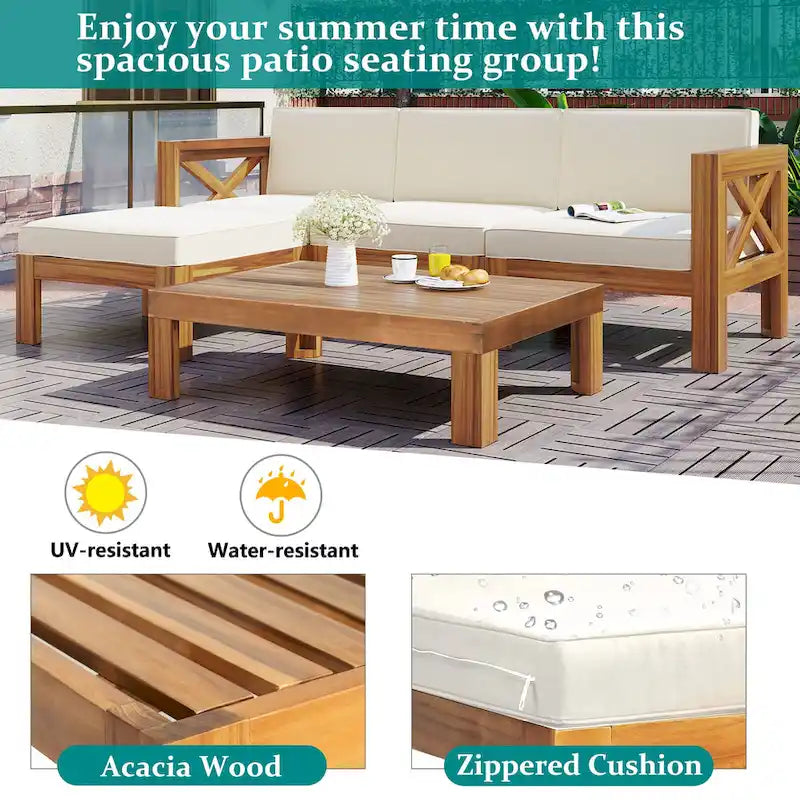 Canapé d'angle d'extérieur 5 pièces en bois massif avec table basse et coussins