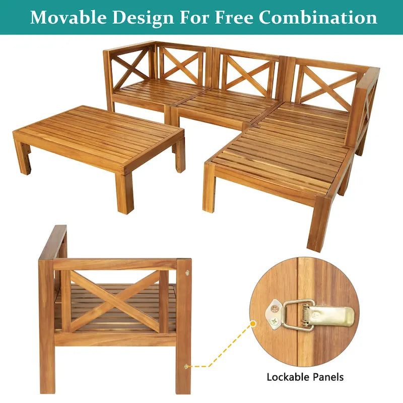 Canapé d'angle d'extérieur 5 pièces en bois massif avec table basse et coussins