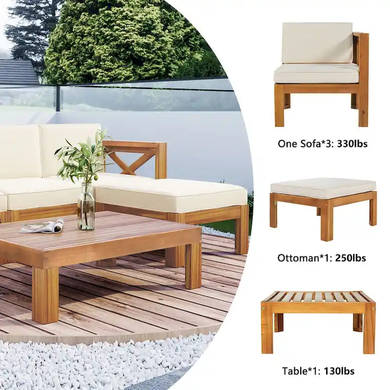 Canapé d'angle d'extérieur 5 pièces en bois massif avec table basse et coussins