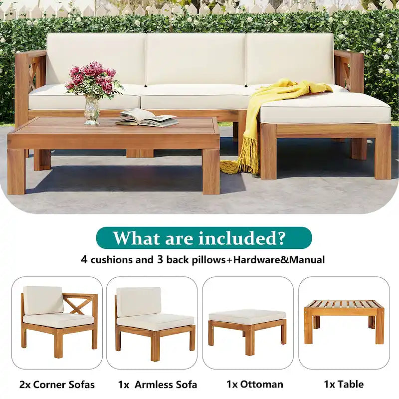 Canapé d'angle d'extérieur 5 pièces en bois massif avec table basse et coussins