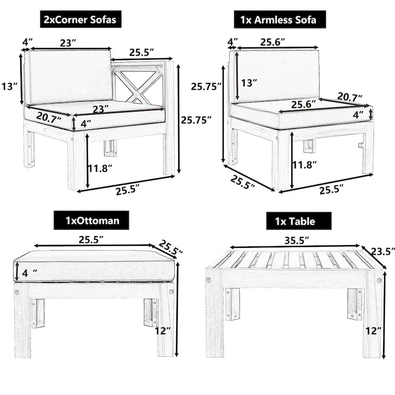 Canapé d'angle d'extérieur 5 pièces en bois massif avec table basse et coussins