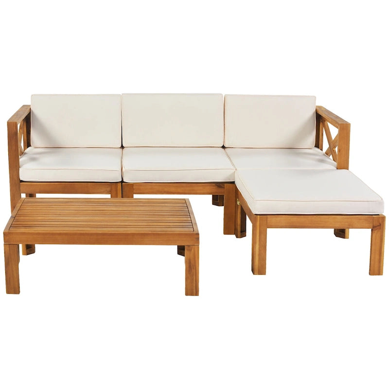 Canapé d'angle d'extérieur 5 pièces en bois massif avec table basse et coussins