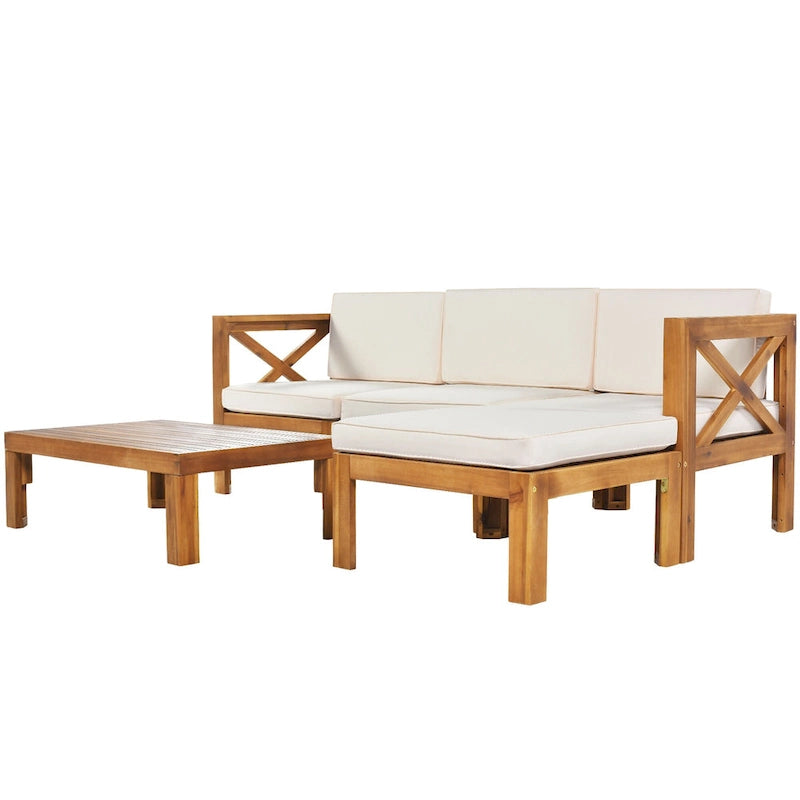 Canapé d'angle d'extérieur 5 pièces en bois massif avec table basse et coussins