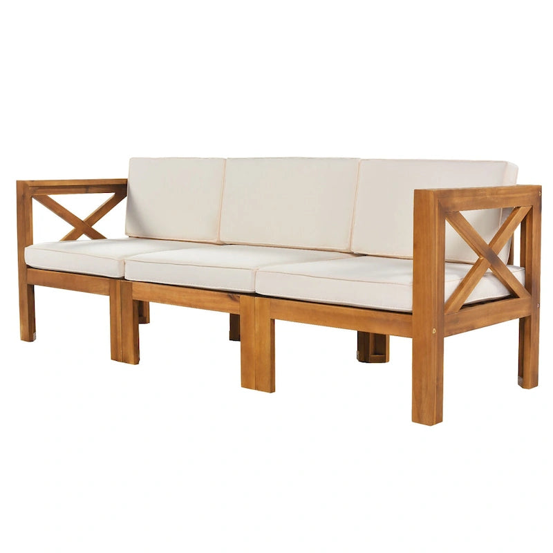 Canapé d'angle d'extérieur 5 pièces en bois massif avec table basse et coussins