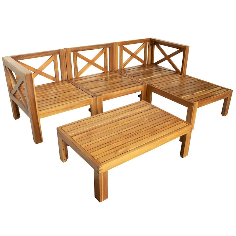 Canapé d'angle d'extérieur 5 pièces en bois massif avec table basse et coussins