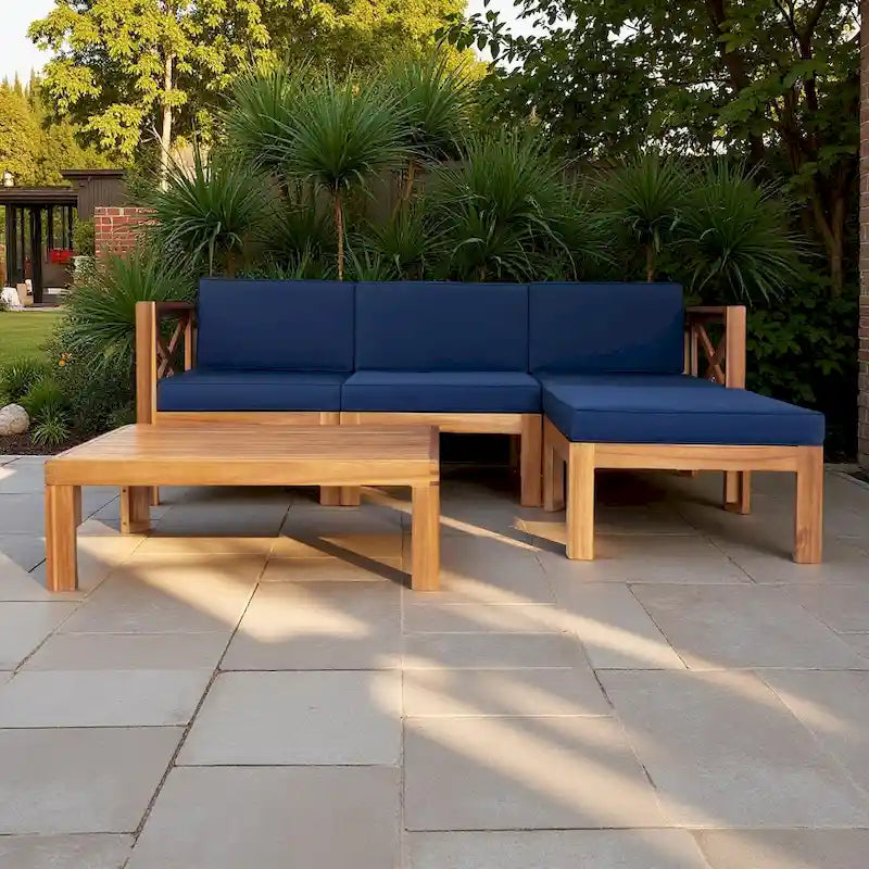 Canapé d'angle d'extérieur 5 pièces en bois massif avec table basse et coussins