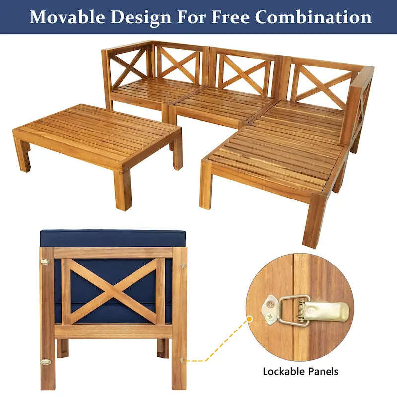 Canapé d'angle d'extérieur 5 pièces en bois massif avec table basse et coussins