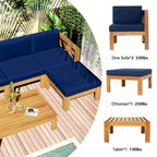 Canapé d'angle d'extérieur 5 pièces en bois massif avec table basse et coussins