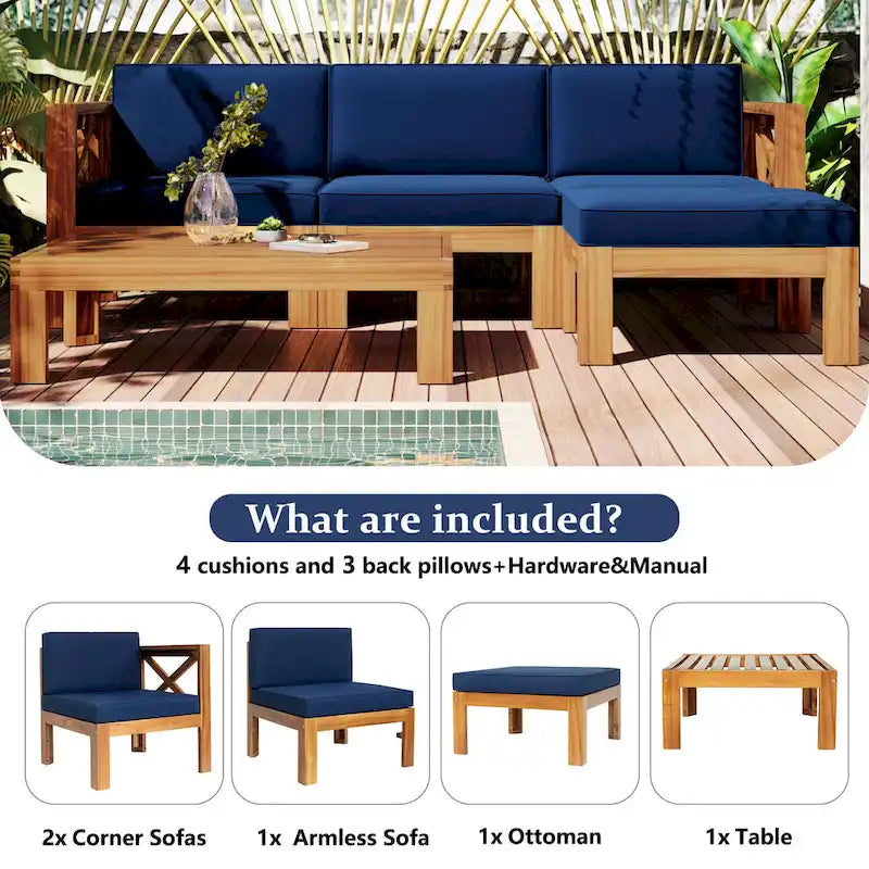 Canapé d'angle d'extérieur 5 pièces en bois massif avec table basse et coussins