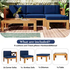 Canapé d'angle d'extérieur 5 pièces en bois massif avec table basse et coussins