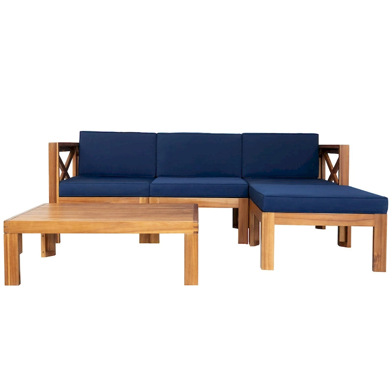 Canapé d'angle d'extérieur 5 pièces en bois massif avec table basse et coussins