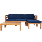 Canapé d'angle d'extérieur 5 pièces en bois massif avec table basse et coussins