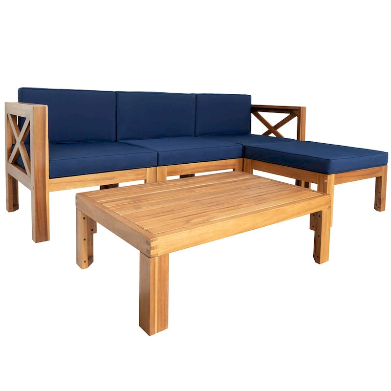 Canapé d'angle d'extérieur 5 pièces en bois massif avec table basse et coussins