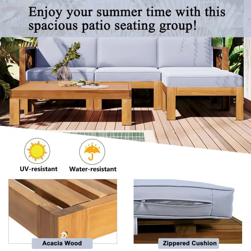 Canapé d'angle d'extérieur 5 pièces en bois massif avec table basse et coussins