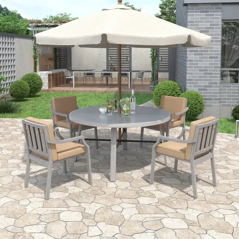 Ensemble de salle à manger d'extérieur pour 4 personnes, en bois, avec trou pour parasol et coussins amovibles.
