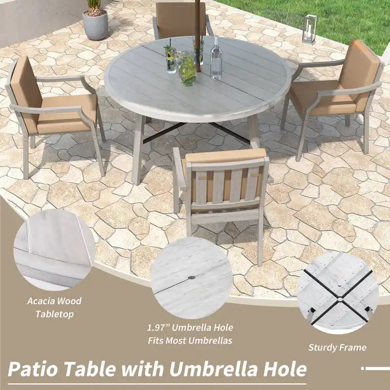 Ensemble de salle à manger d'extérieur pour 4 personnes, en bois, avec trou pour parasol et coussins amovibles.