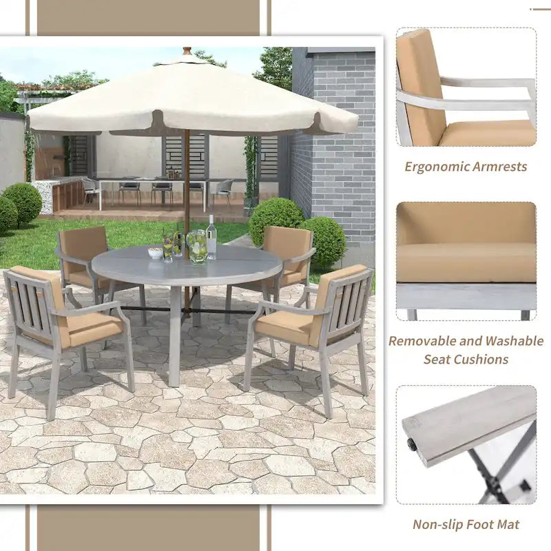 Ensemble de salle à manger d'extérieur pour 4 personnes, en bois, avec trou pour parasol et coussins amovibles.