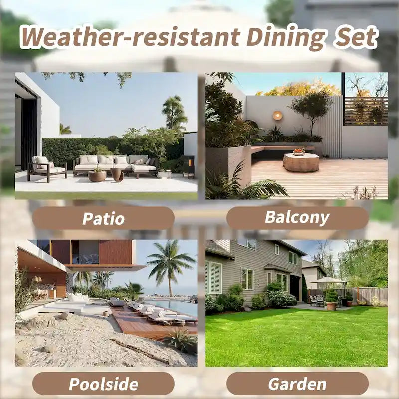 Ensemble de salle à manger d'extérieur pour 4 personnes, en bois, avec trou pour parasol et coussins amovibles.
