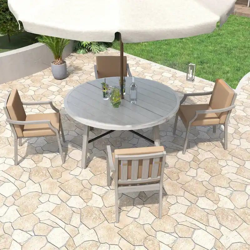 Ensemble de salle à manger d'extérieur pour 4 personnes, en bois, avec trou pour parasol et coussins amovibles.