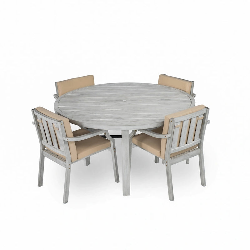 Ensemble de salle à manger d'extérieur pour 4 personnes, en bois, avec trou pour parasol et coussins amovibles.