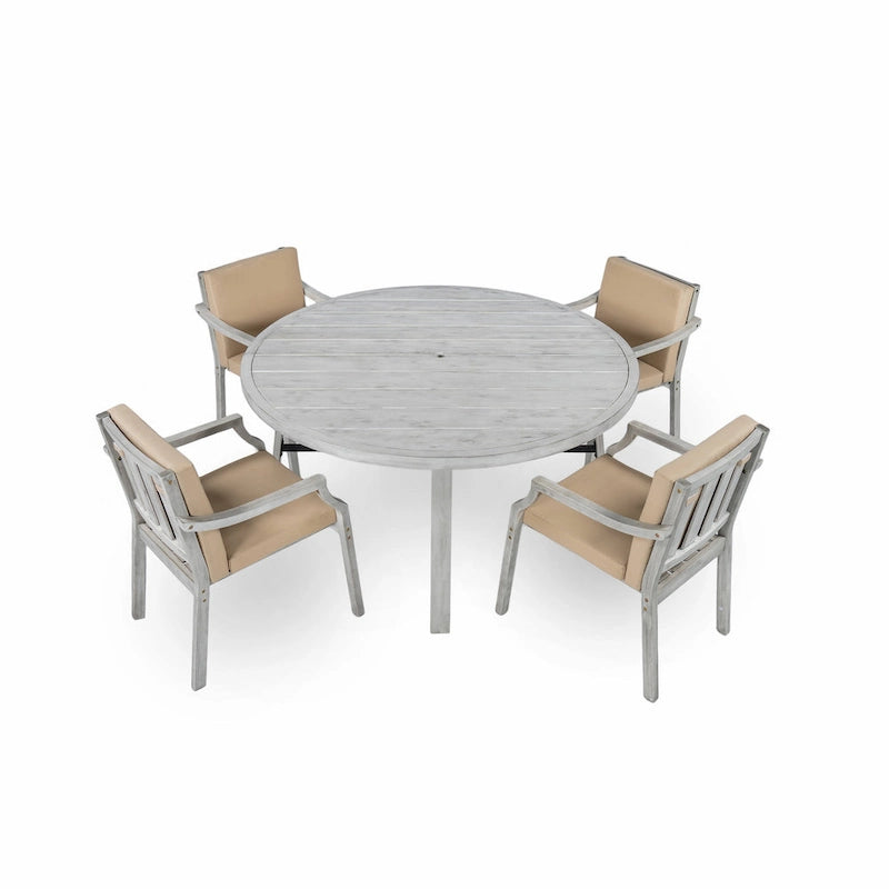 Ensemble de salle à manger d'extérieur pour 4 personnes, en bois, avec trou pour parasol et coussins amovibles.