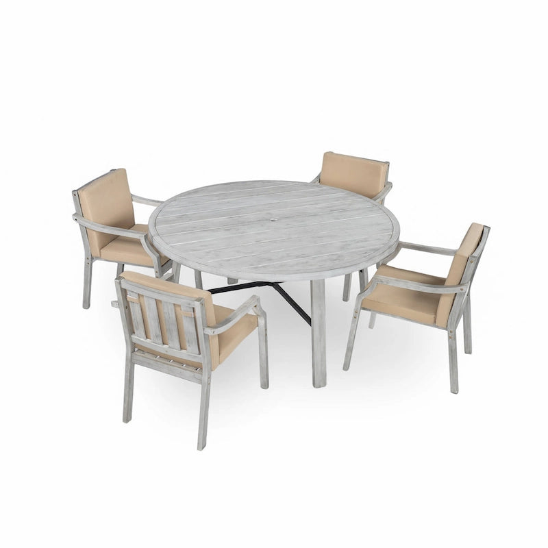 Ensemble de salle à manger d'extérieur pour 4 personnes, en bois, avec trou pour parasol et coussins amovibles.
