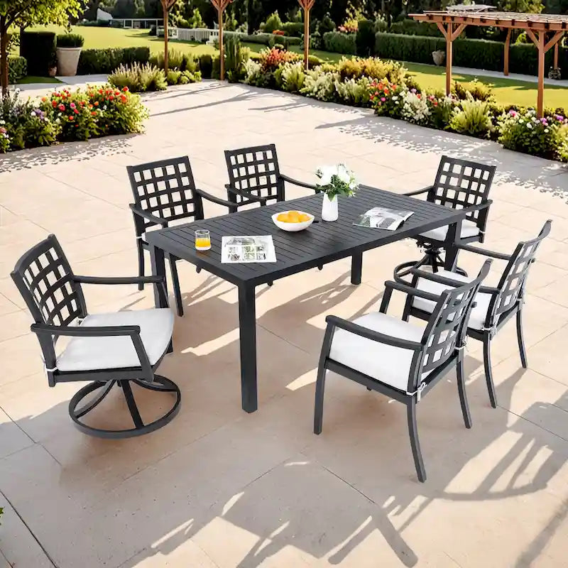 Ensemble de salle à manger d'extérieur 7 pièces de style classique moderne, comprenant une table rectangulaire et six chaises (4 fixes et 2 pivotantes à bascule).