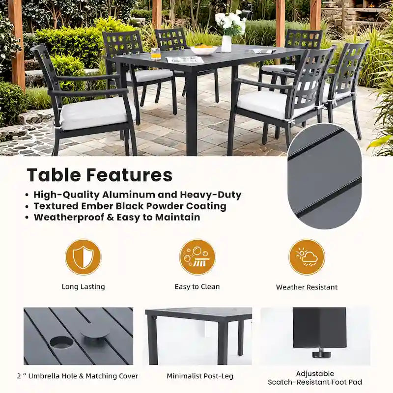 Ensemble de salle à manger d'extérieur 7 pièces de style classique moderne, comprenant une table rectangulaire et six chaises (4 fixes et 2 pivotantes à bascule).