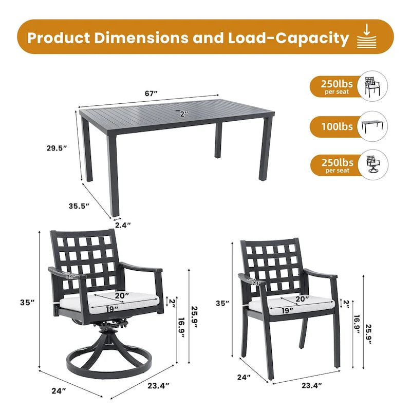 Ensemble de salle à manger d'extérieur 7 pièces de style classique moderne, comprenant une table rectangulaire et six chaises (4 fixes et 2 pivotantes à bascule).