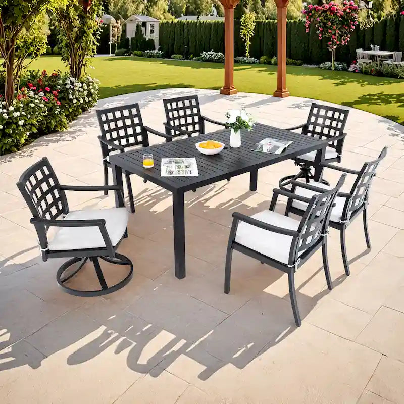 Ensemble de salle à manger d'extérieur 7 pièces de style classique moderne, comprenant une table rectangulaire et six chaises (4 fixes et 2 pivotantes à bascule).