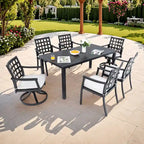 Ensemble de salle à manger d'extérieur 7 pièces de style classique moderne, comprenant une table rectangulaire et six chaises (4 fixes et 2 pivotantes à bascule).