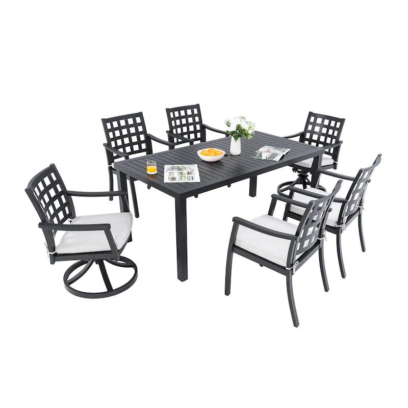 Ensemble de salle à manger d'extérieur 7 pièces de style classique moderne, comprenant une table rectangulaire et six chaises (4 fixes et 2 pivotantes à bascule).