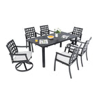 Ensemble de salle à manger d'extérieur 7 pièces de style classique moderne, comprenant une table rectangulaire et six chaises (4 fixes et 2 pivotantes à bascule).