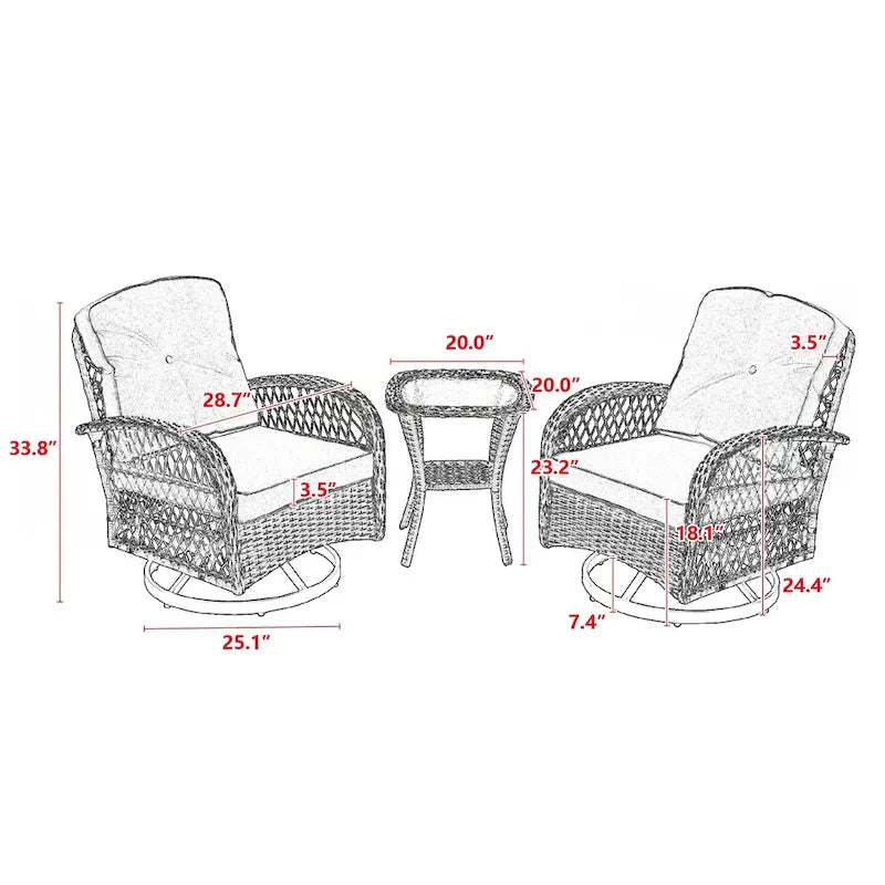 Ensemble de 3 chaises de patio pivotantes à bascule pour extérieur