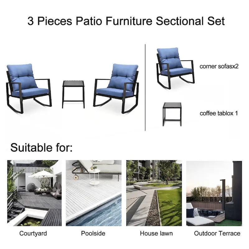 Ensemble bistro de patio 3 pièces avec chaise berçante d'extérieur