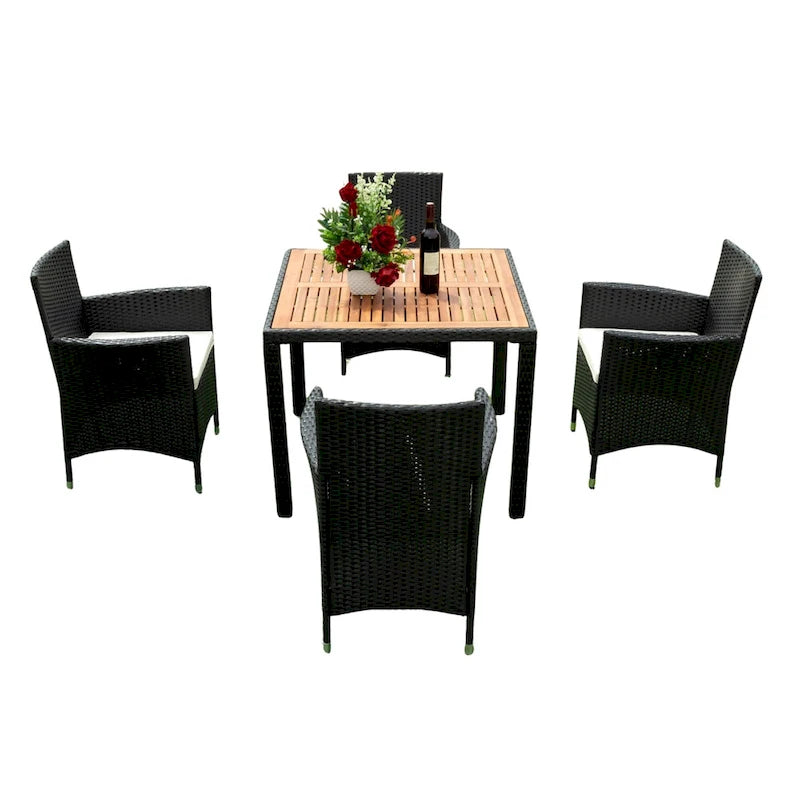 Ensemble de salle à manger d'extérieur en résine tressée 5 pièces, table basse de pique-nique avec 4 coussins amovibles et fauteuils en résine tressée.