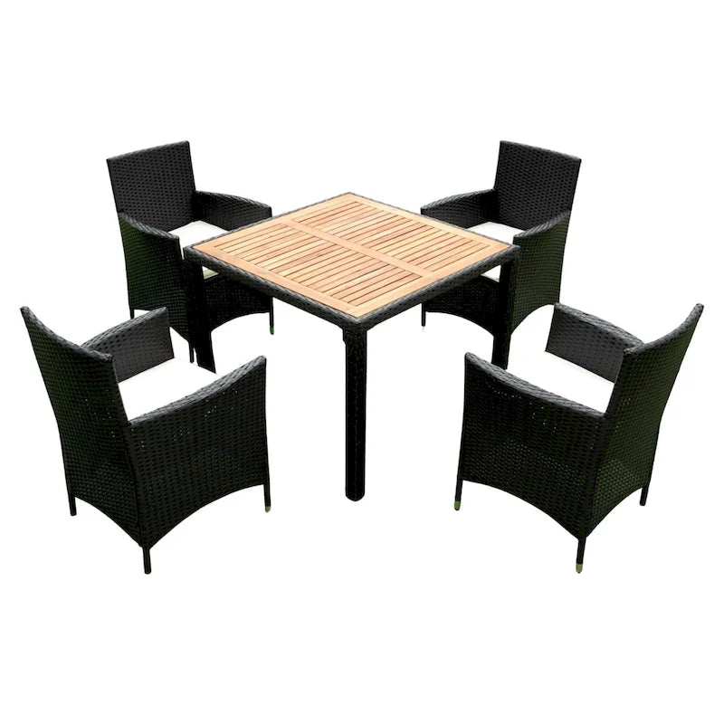 Ensemble de salle à manger d'extérieur en résine tressée 5 pièces, table basse de pique-nique avec 4 coussins amovibles et fauteuils en résine tressée.
