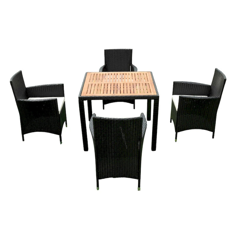 Ensemble de salle à manger d'extérieur en résine tressée 5 pièces, table basse de pique-nique avec 4 coussins amovibles et fauteuils en résine tressée.